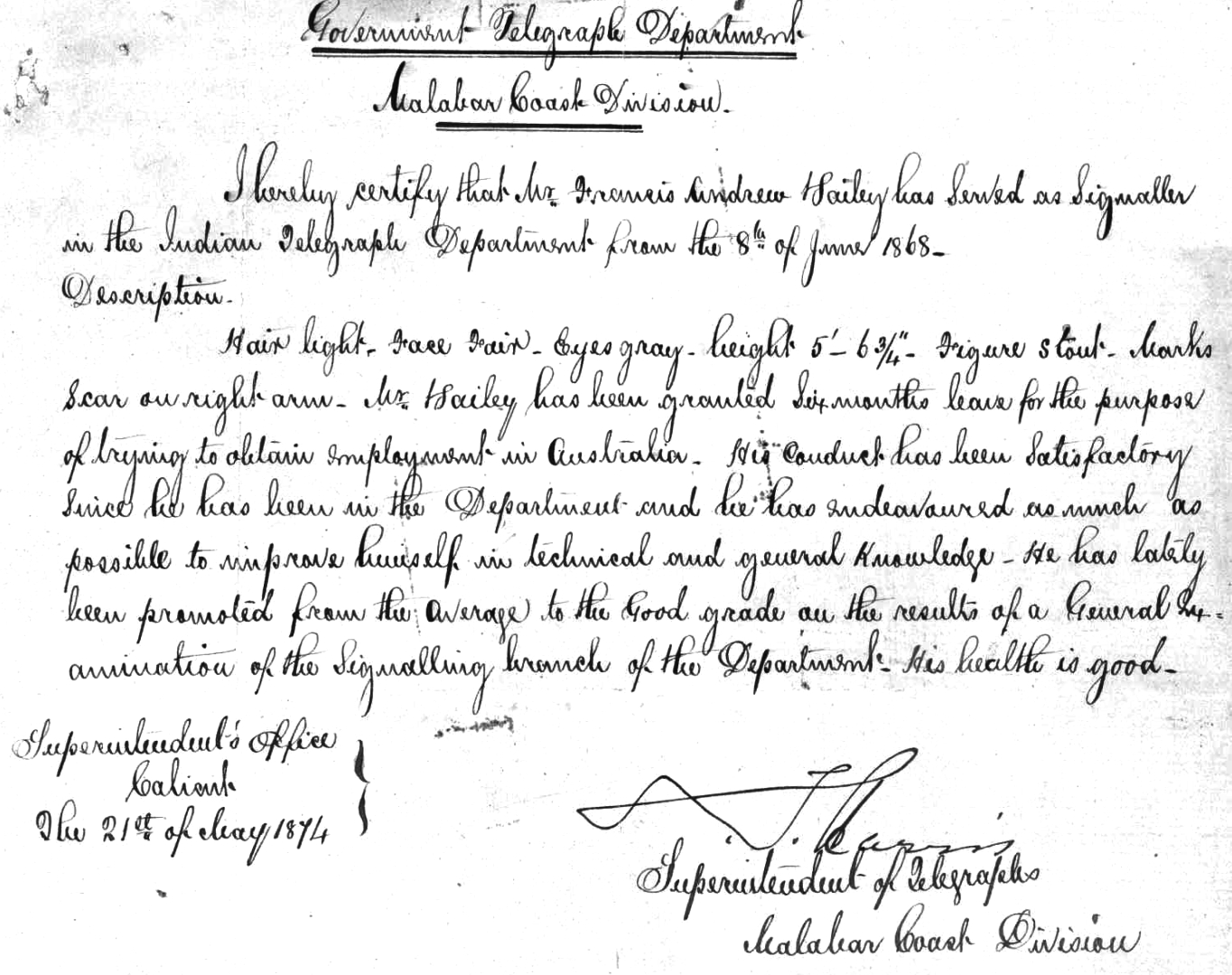 Reference and leave for Francis Andrew Bailey
